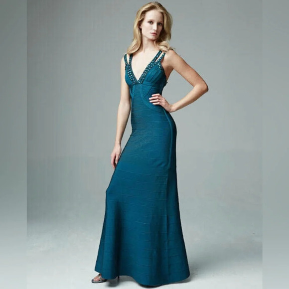 HERVE LEGERNeala Slate Teal Beaded Sleeveless Gown$2040 nwt